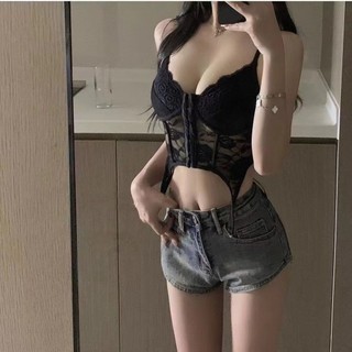 Châu Âu và Mỹ xương cá retro ren chắp vá áo vest yếm không đều vừa vặn, ngắn cay cô gái gợi cảm hàng đầu