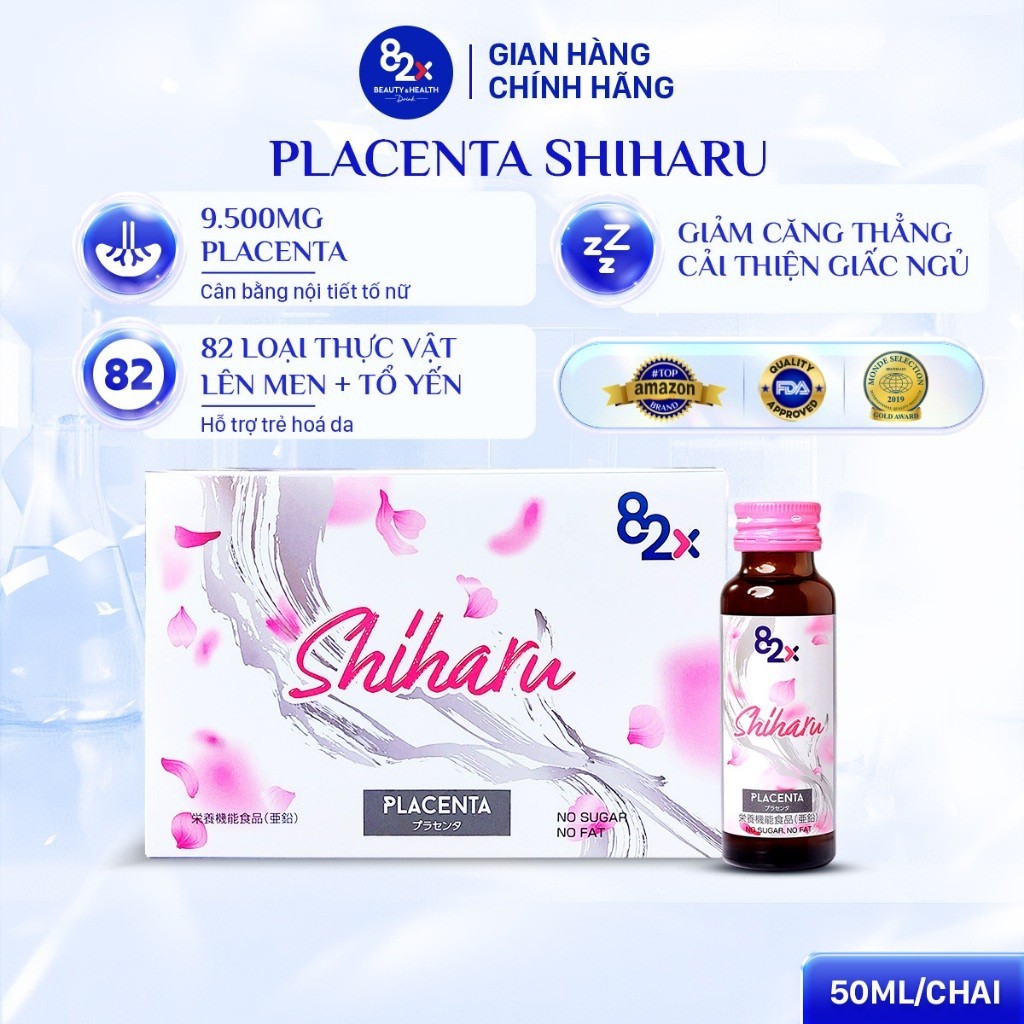 Ảnh Hộp 10 Chai Nước Uống Đẹp Da 82X SHIHARU PLACENTA Từ Nhật Bản-Cân Bằng Nội Tiết Tố, Trẻ Hoá Da, Giảm Căng Thẳng, Mệt Mỏi 1