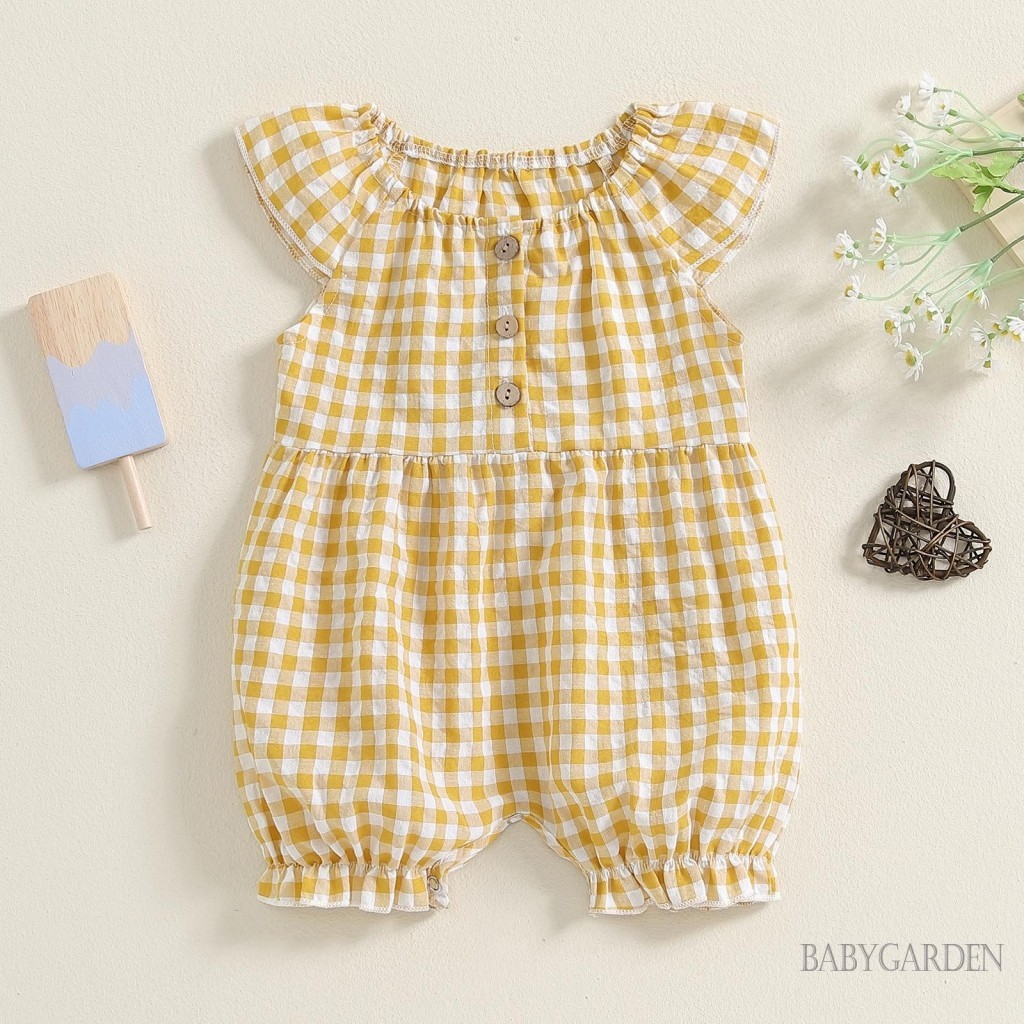Baga-baby Bé Gái Áo Liền Quần Kẻ Sọc Nút Bay Tay Co Giãn Cổ Tròn Jumpsuit Quần Áo Thường Ngày Mùa Hè