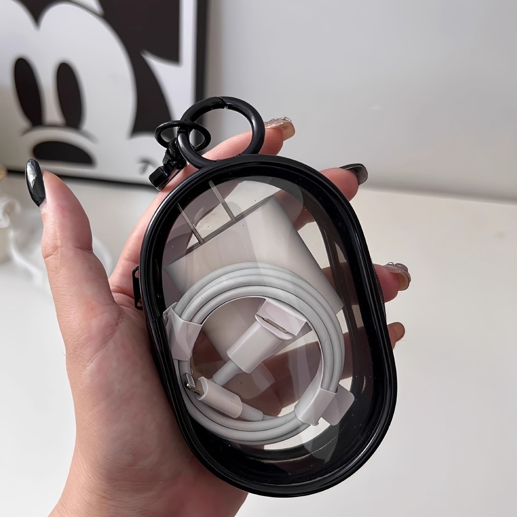 Đen Trắng Hình Bầu Dục PVC Trong Suốt Cáp Bảo Quản Túi Du Lịch Di Động Mang Theo Cho Tai Nghe Đồng Xu Dữ Liệu Cáp Sạc Túi Đựng Mỹ Phẩm Tổ Chức Búp Bê Hiển Thị Túi