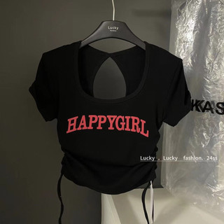 Thời Trang Mùa Hè Mỹ Hot Girl Slim-fit Co Giãn Dây In Chữ Phải Vai Ngắn T