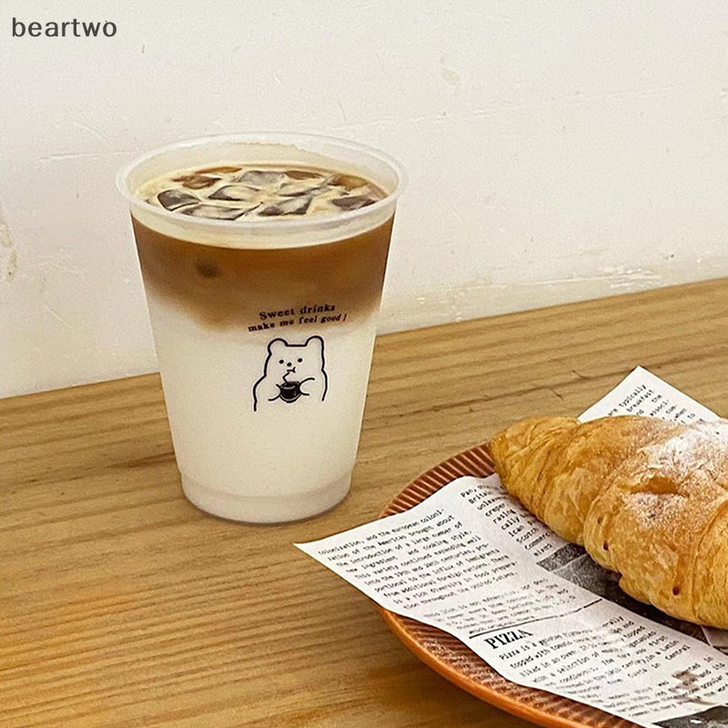 < Beartwo > Bình Nước Cho Cà Phê Nước Trà Sữa Nhựa Dễ Thương Lạnh Có Nắp Ống Hút Di Động Có Thể Tái Sử Dụng Đẹp BPA Free Chai Uống