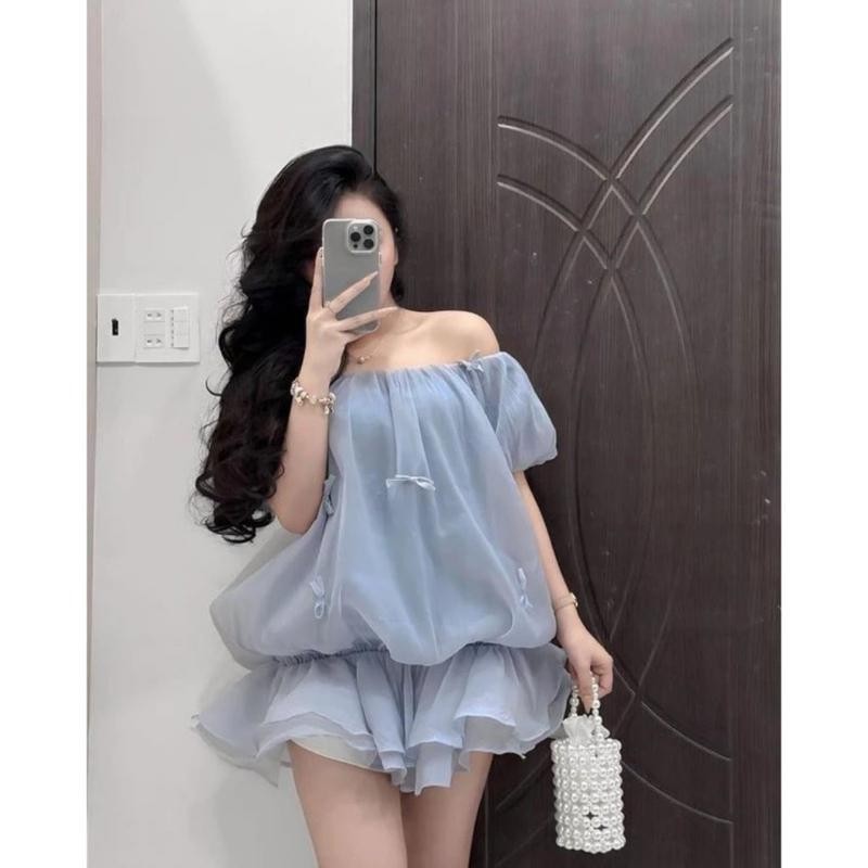 (tặng quần)Áo trễ vai tay bồng form rộng 2 tầng quả bí ngô đính nơ xinh kèm quần trong phong cách bánh bèo điệu đà- A278
