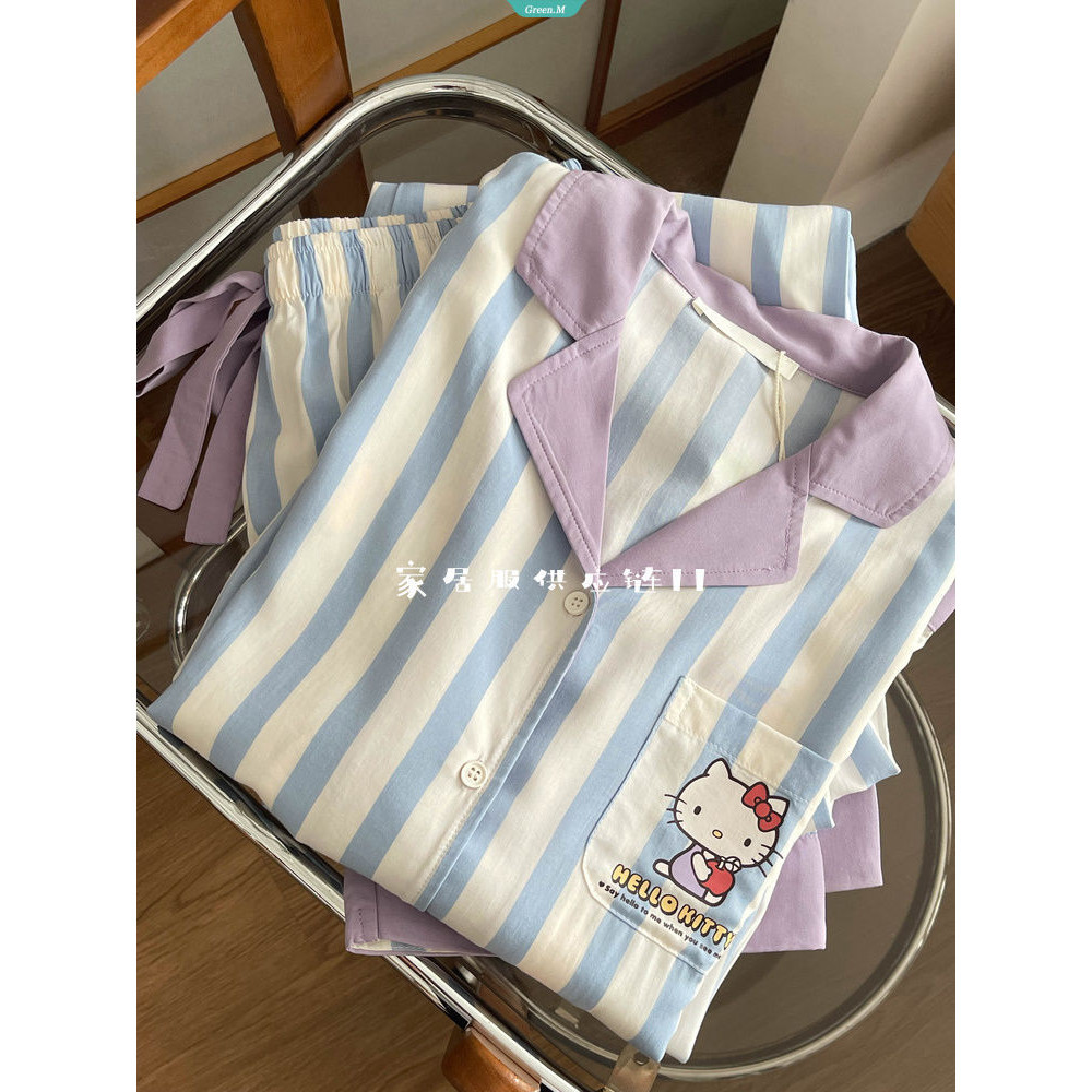 Crash Side Sọc Hello Kitty Bộ Đồ Ngủ Nữ Xuân Thu Đơn Giản Giải Trí Dài Tay Homewear Phù Hợp Với