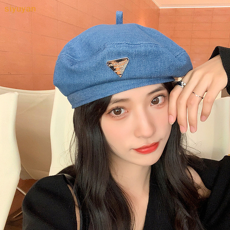 Siyuyan Thường Ngày Màu Hồng Tình Yêu Denim Mũ Nồi Nữ Xuân Hè Thể Hiện Mặt Đa Năng Retro Họa Sĩ Mũ Nồi Nhật Bản Mũ Newsboy Mũ VN