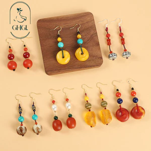 Hàng có sẵn hs Niche Design Bông tai sáp ong phong cách dân tộc Retro Phong cách dài văn học sang trọng Nữ cổ Sườn xám Bông tai Tây Tạng đơn giản
