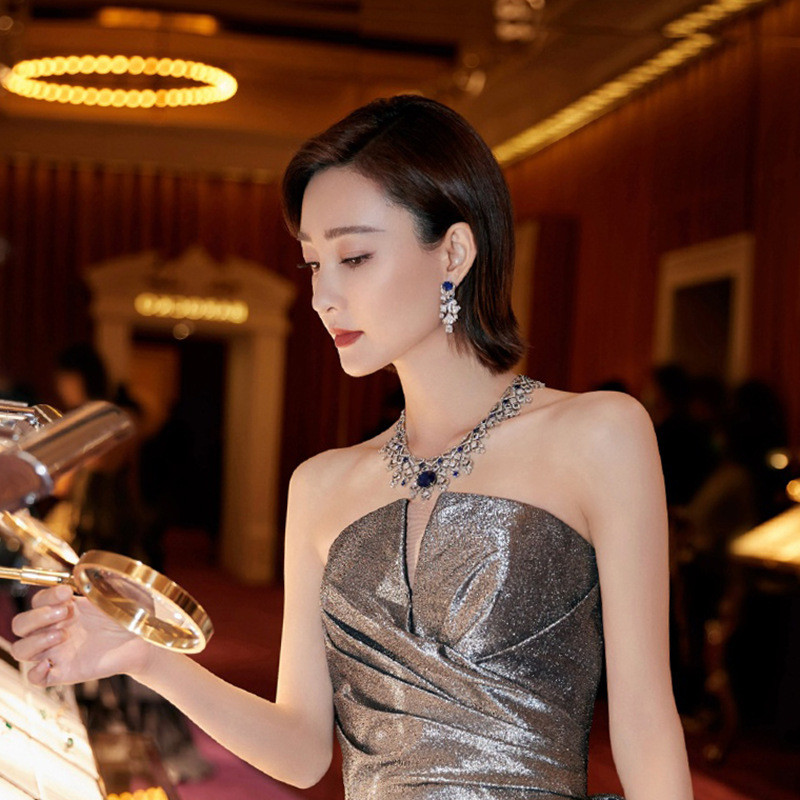 Sang Trọng Bạc 925 Kim Cương Xanh Zircon Bông Tai Hình Quạt Váy Tua Rua Bông Tai