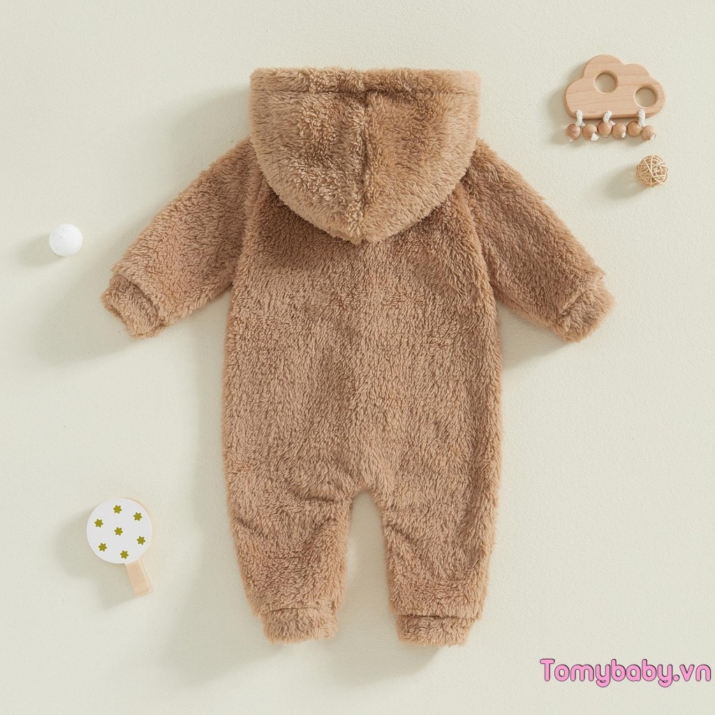 Bộ áo liền quần lông cừu cho bé dài tay có mũ trùm đầu dài cho bé trai bé gái