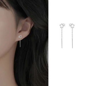 Bông tai nữ dây xích dài, thiết kế ngôi sao năm cánh rỗng, phong cách đơn giản