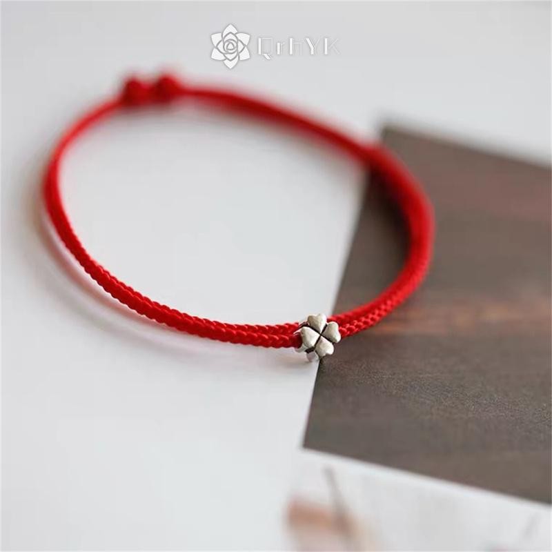 Qrhyk Bốn Lá Cỏ Ba Lá Dây Vòng Tay Màu Đỏ May Mắn Handmade Dây Chuyền Vòng Tay Quyến Rũ Mới