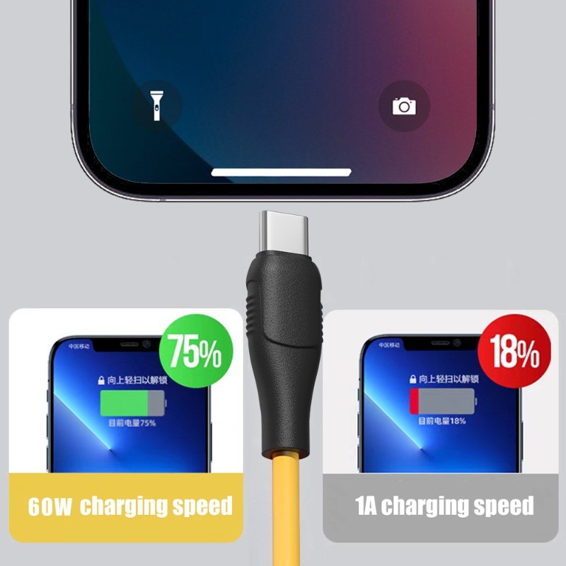 Cáp sạc USB-C di động 60W - Dây truyền dữ liệu Type-C hai đầu - Phụ kiện sạc màu vàng thực tế