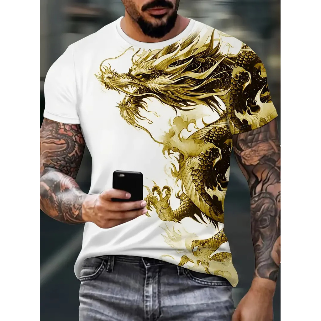 Áo thun cổ chữ O ngắn tay in hình rồng 3D, phù hợp dạo phố