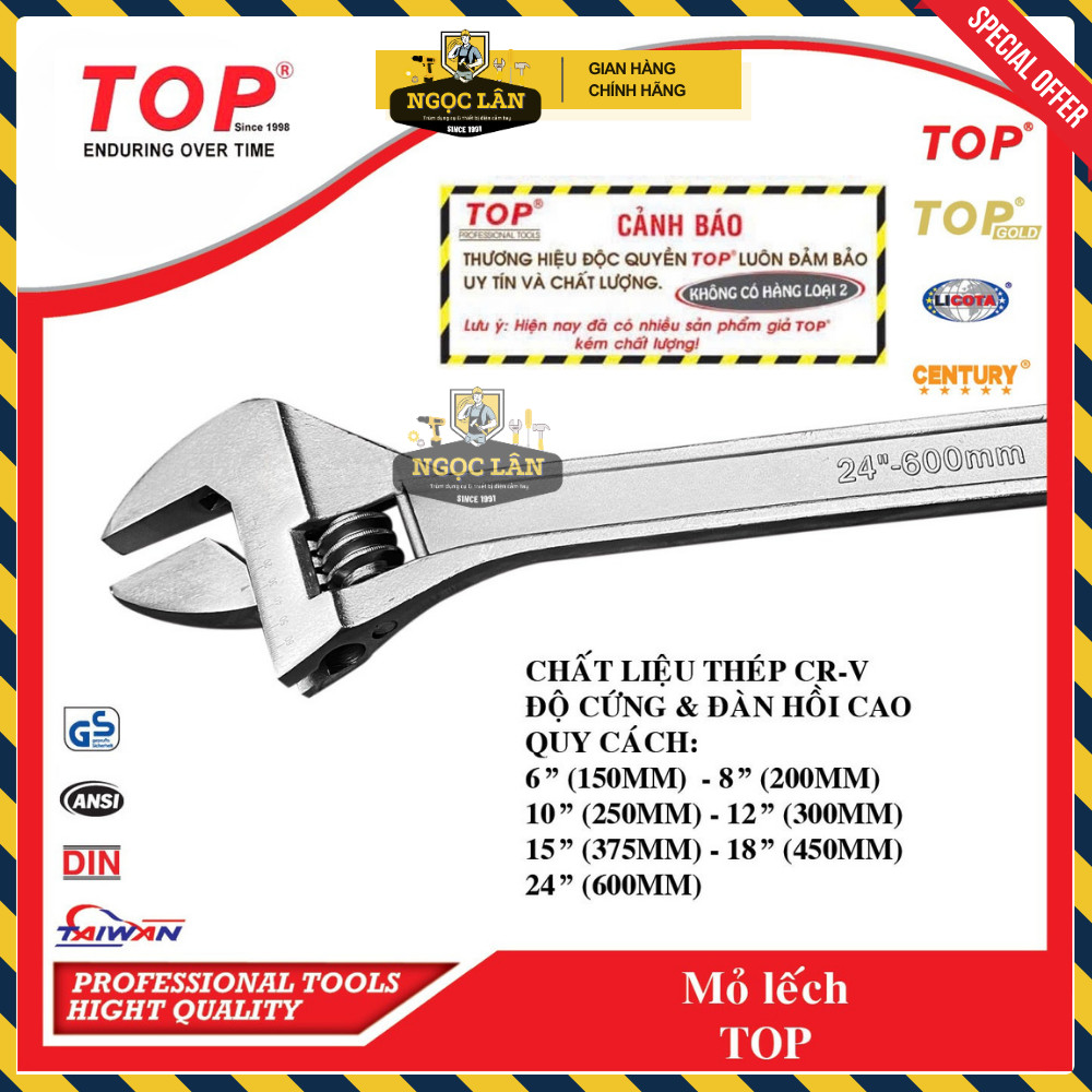 [Chính hãng TOP] Mỏ Lết xi trắng Top 6” 150mm 8" 200mm 10" 250mm 12" 300mm hàng Đài Loan cao cấp