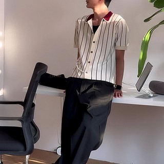 Áo sơ mi nam phong cách Hàn Quốc, họa tiết sọc, short sleeve, chất liệu dệt kim, phù hợp mùa hè