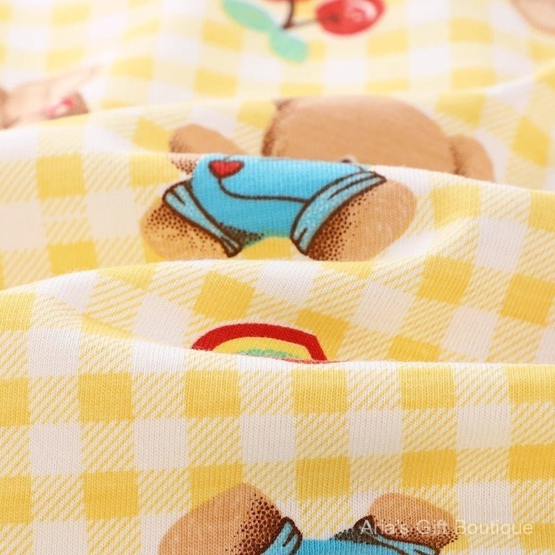 Bộ Đồ Ngủ Gấu Bông Cotton Nguyên Chất Cho Mùa Hè, Màu Vàng Kẻ Sọc Dễ Thương