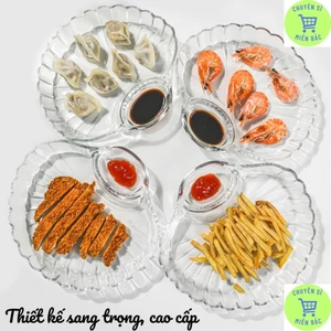 Đĩa thủy tinh đựng thức ăn hình vỏ sò có ngăn đựng nước chấm tiện lợi, Khay đựng thức ăn thủy tinh dày dặn, cao cấp