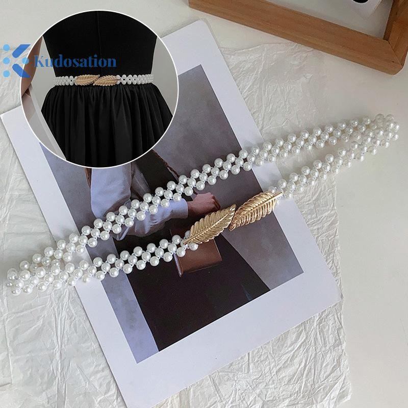 Kudosation Nữ Ngọc Trai Dây Thắt Lưng Ngọc Trai Kẻ Sọc Thắt Lưng Trang Trí Thắt Lưng Mỏng Đính Hạt Thắt Lưng Co Giãn