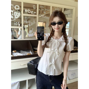 Áo sơ mi nữ babydoll mùa hè kiểu xinh tay phồng công chúa, cổ nơ dễ thương, dáng rộng che khuyết điểm