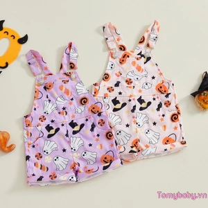 Quần yếm Halloween cho bé gái mới biết đi Áo liền quần không tay in hình ma có dây đeo vai có thể điều chỉnh