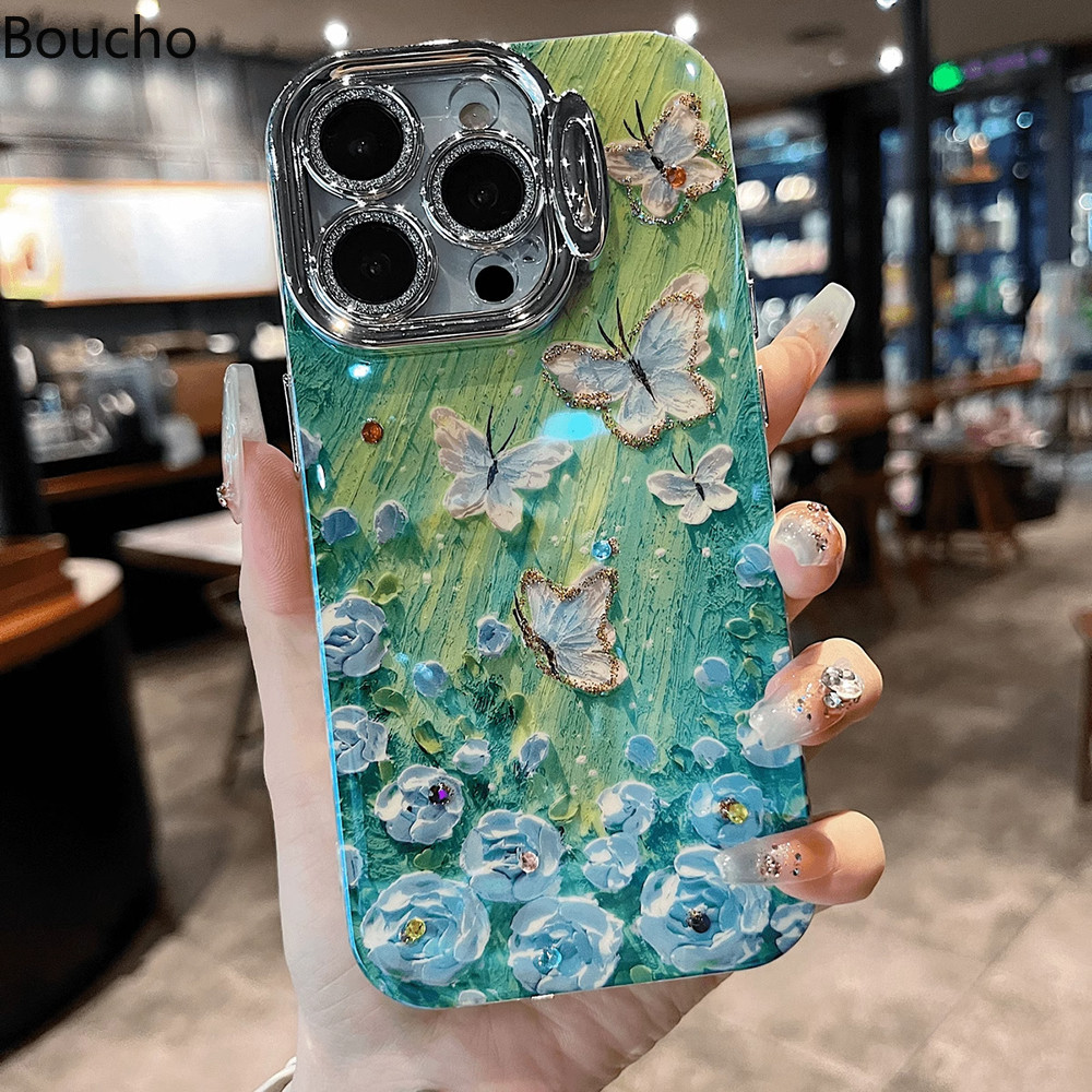 Dành Cho iPhone 13 Pro Tranh Sơn Dầu Hoa Bướm Thỏ Họa Tiết Ốp Lưng Điện Thoại iPhone 11 12 13 14 15 Pro Max 15 plus Ống Kính Bảo Vệ Phim Với Giá Đỡ Cụ Thể Chức Năng Bao