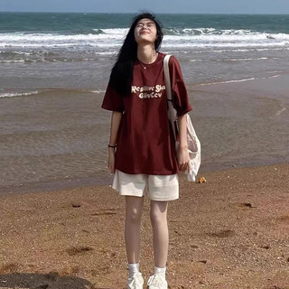 Áo thun 3158 cotton ngắn tay in chữ màu đỏ tía dành cho nữ