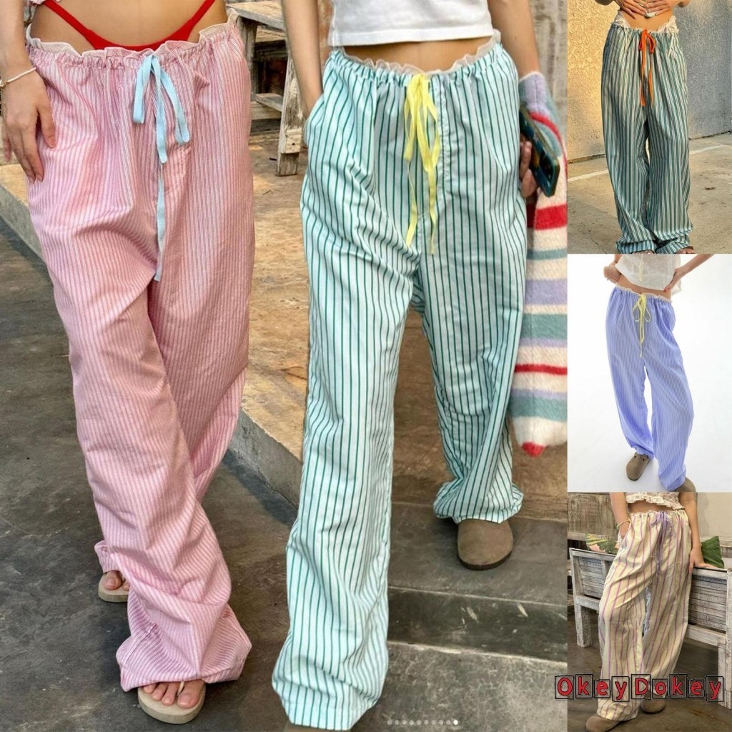 Okdk-nữ Sọc Dây Rút Co Giãn Quần Mùa Xuân Hè Quần Rời