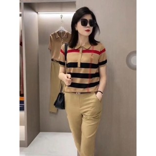 Mùa Xuân 2024 Nữ Tay Ngắn Mỏng Ice Silk Top Sọc Ice Silk POLO Áo Sơ Mi OL Chuyên Nghiệp Tính Khí Áo Thun