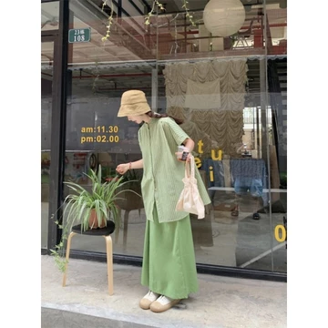 【Bess's house】áo kiểu hàn quố+quần ống rộng，set đồ nữ đi chơi，bộ quần áo nữ mùa hè，set đồ nữ sang chảnh，Mùa hè Mới Xanh Rời Top + Quần ống rộng màu trơn Bộ thời trang，đồ bộ nữ sang chảnh，đồ 