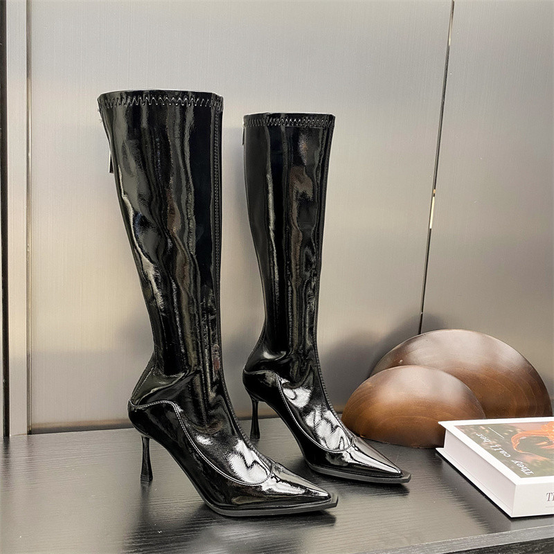 Kd Nhưng Giày Bốt Đầu Gối Nữ Mũi Vuông Stiletto Giữa Ống Giày Bốt Thu Đông Phong Cách Mới Giày Cao Cấp Burgundy Giày Da Sáng Chế