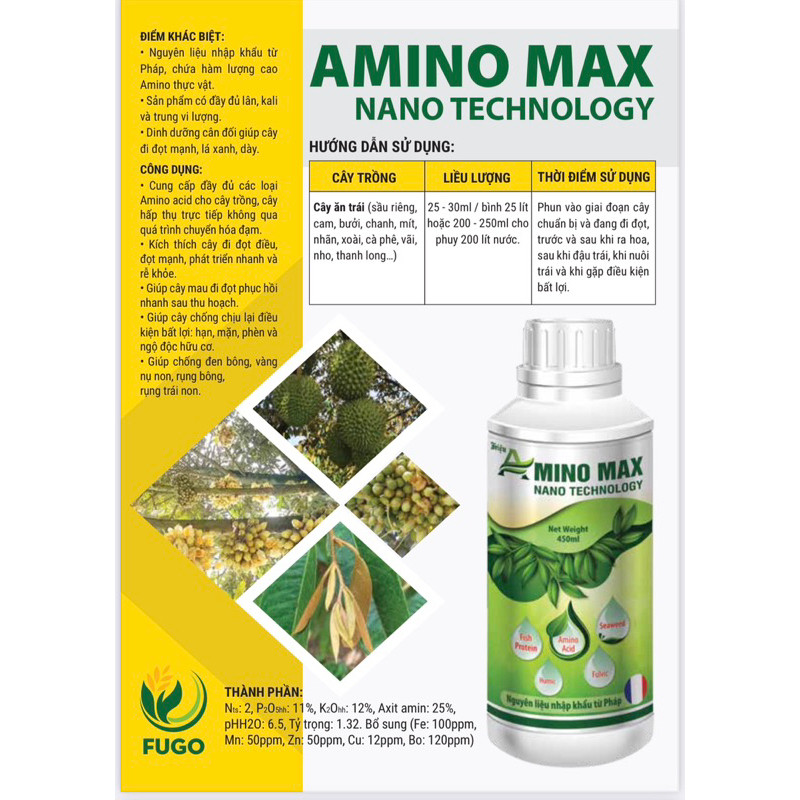 Phân bón AMINO MAX Pháp Bung Đọt, Xanh Lá, Bóng Trái , Mát Cây chai 450ml