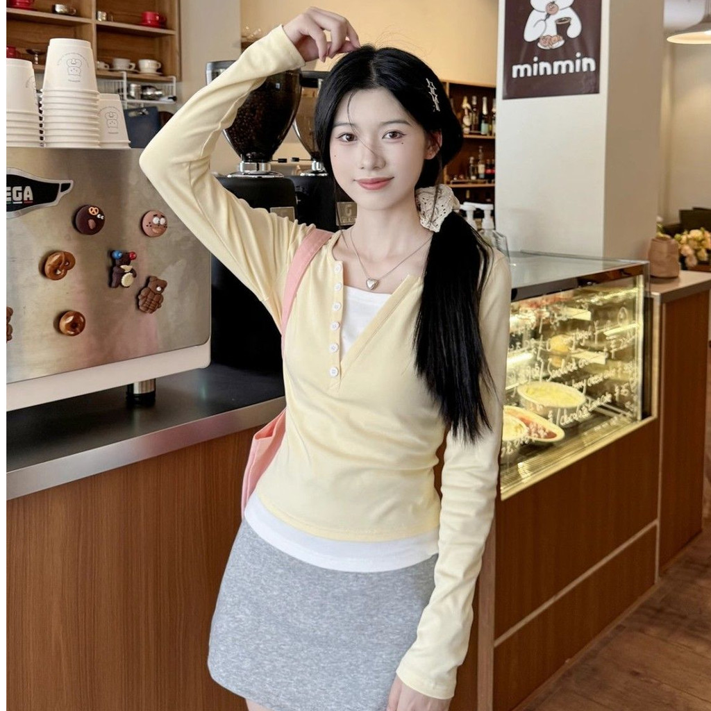 Suxi Dễ Thương Màu Ngọt Ngào Mới Đơn Giản Áo Thun Dài Tay Nữ Slim Fit Áo 240919