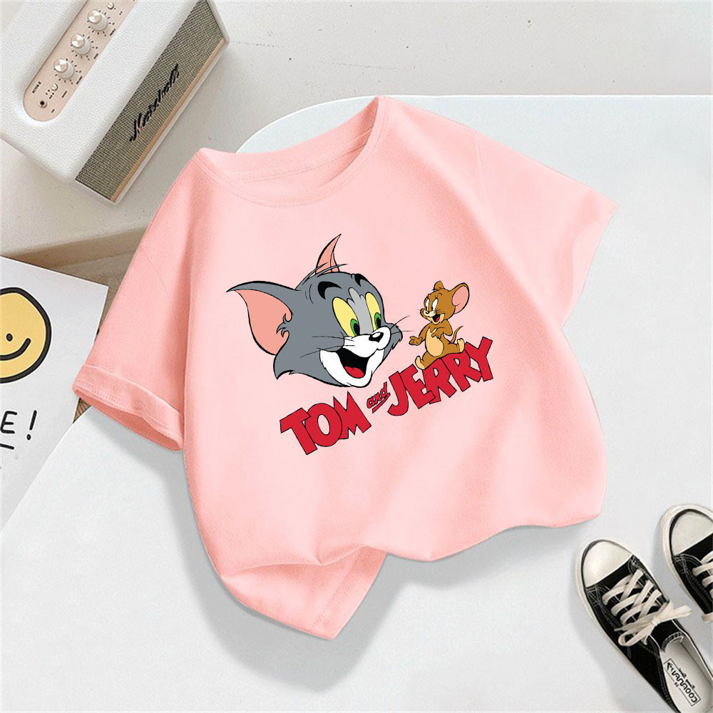 2024 Ngắn Tay Trắng T-Shirt Với Tom Và Jerry In Vui Vẻ Phim Hoạt Hình Cho Bé Trai Và Bé Gái