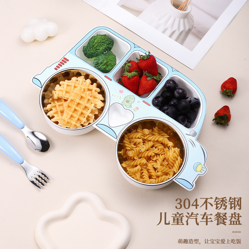 Bộ đồ ăn trẻ em bằng thép không gỉ 304 Bộ đồ ăn năm mảnh dễ thương Lưới vui nhộn siêu chống sốc