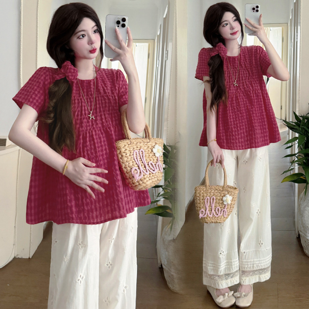 Bộ đồ bà bầu Áo ngắn tay kẻ sọc mùa hè + Quần ống rộng bằng vải lanh Cotton Bộ đồ hai mảnh