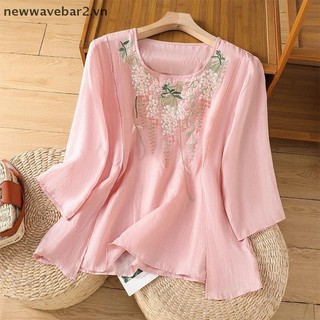 Áo sơ mi cotton dáng rộng, thêu cổ tròn - phong cách cổ điển thoáng mát cho mùa hè