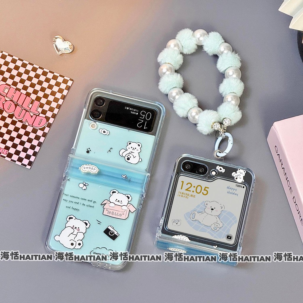 Thích Hợp Cho Samsung Galaxy Zflip7 Hoạt Hình Quà Tặng Gấu Màu Xanh Vỏ Điện Thoại Dây Gấp Cho ZFlip 6 5 4 3 5G N3Flip MixFlip 2 Vỏ Bảo Vệ Cứng