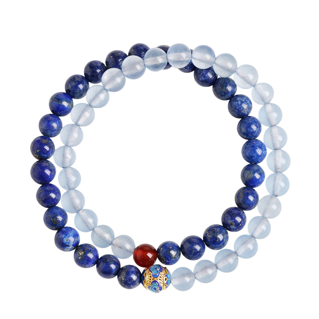 Vòng tay đôi lapis lazuli aquamarine xanh tự nhiên có cảm giác cao cấp