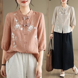 Áo sơ mi nữ style Trung Quốc, thêu tỉ mỉ, cổ Mandarin thời thượng