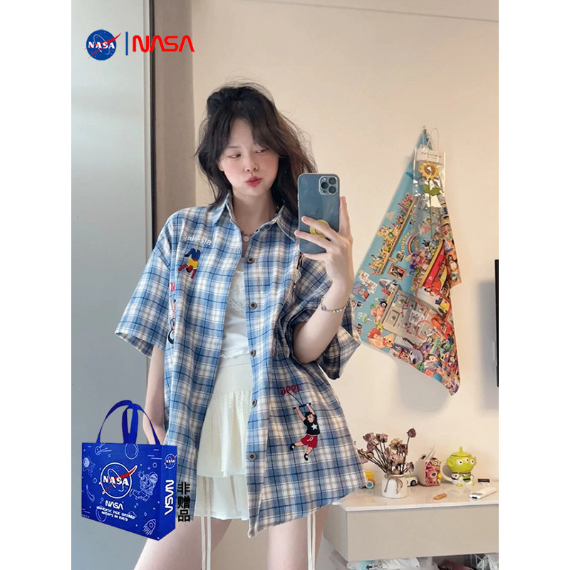 [Yu]Áo khoác sơ mi caro ngắn tay, thiết kế NASA độc đáo, phong cách Nhật Bản mới.