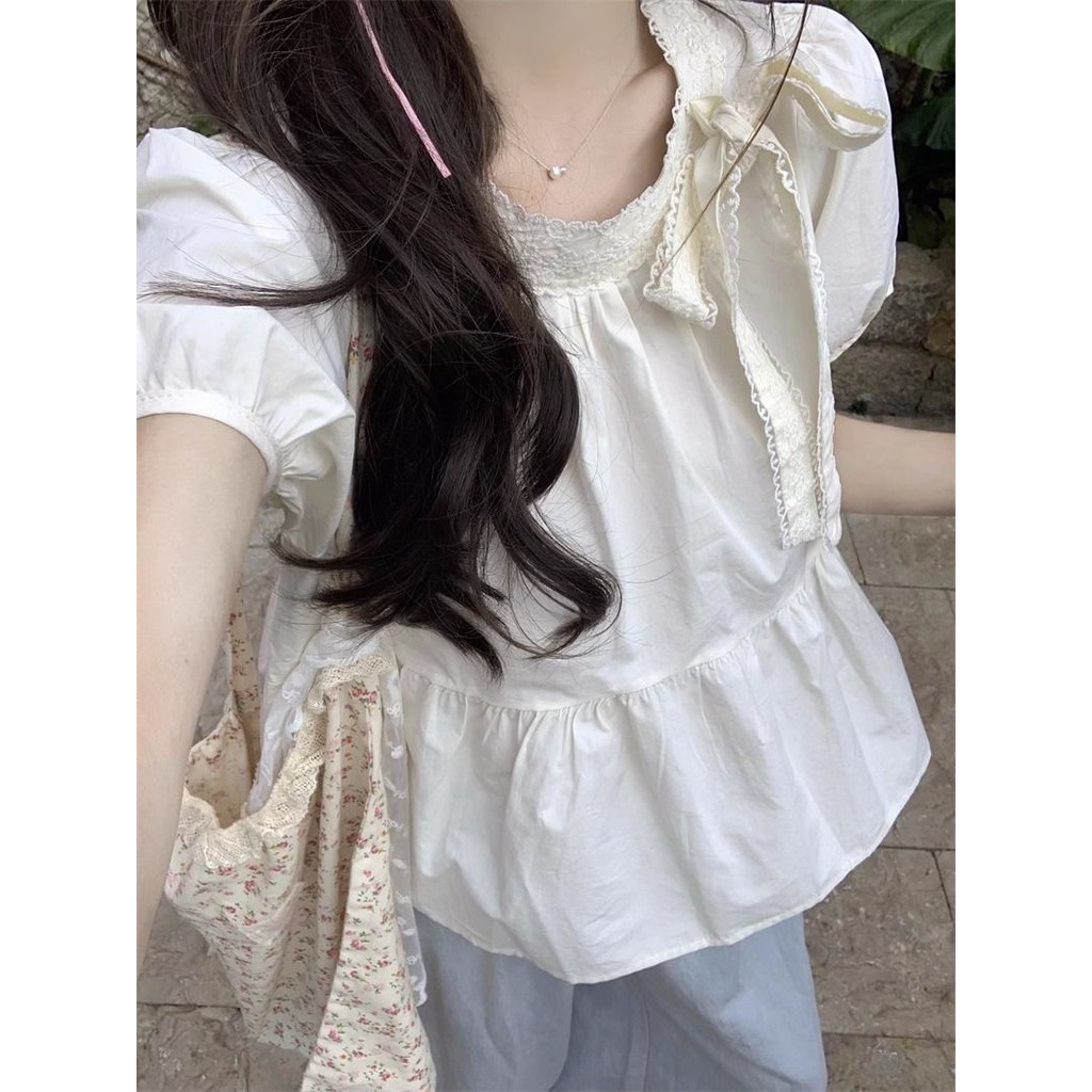 [YU]Áo sơ mi nữ tay phồng kèm nơ, dáng búp bê, thiết kế ngọt ngào, thoáng mát, dễ thương.