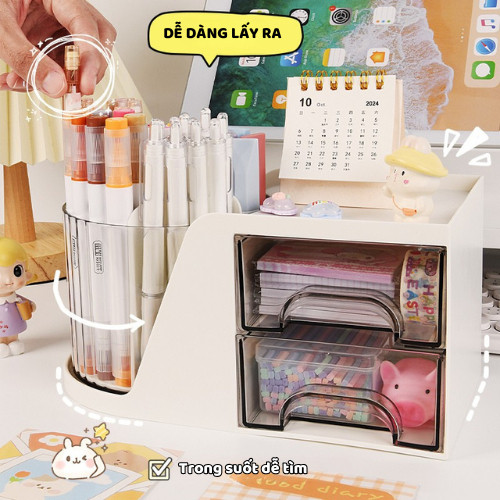 Kệ Đựng Đồ Đa Năng Xoay 360 - Hộp Đựng Bút Và Mỹ Phẩm Để Bàn, 2 Ngăn Kéo Tiện Lợi, Tối Ưu Không Gian