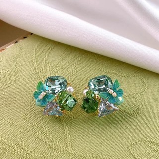 Vòng bông tai thủy tinh hình cánh bướm và hoa, ngọc trai thật - Phong cách ngày lễ sang trọng