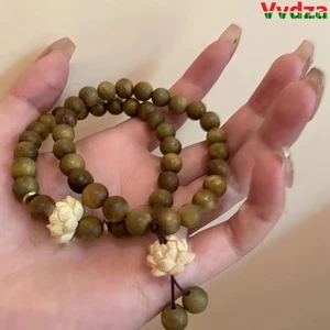 Vòng tay bông sen gỗ đàn hương handmade, hình hoa và đính hạt - Quà tặng độc đáo