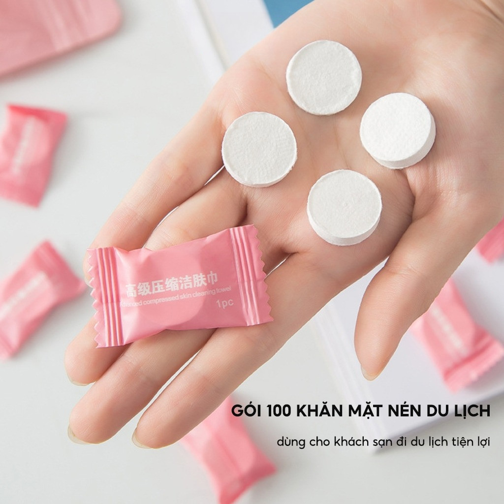 Gói 100 Khăn mặt nén dạng viên kẹo Dùng 1 lần, Viên khăn nén dùng khi đi du lịch khách sạn