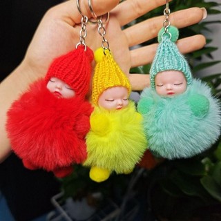 FASHIONEXPRESS Pompom Sleeping Baby Móc khóa, Mũ dệt kim màu trơn khi ngủ cho bé Móc chìa khóa, Búp bê sang trọng dễ thương Giấc ngủ mềm mại cho bé Pompom Móc khóa Quà tặng cho bé gái