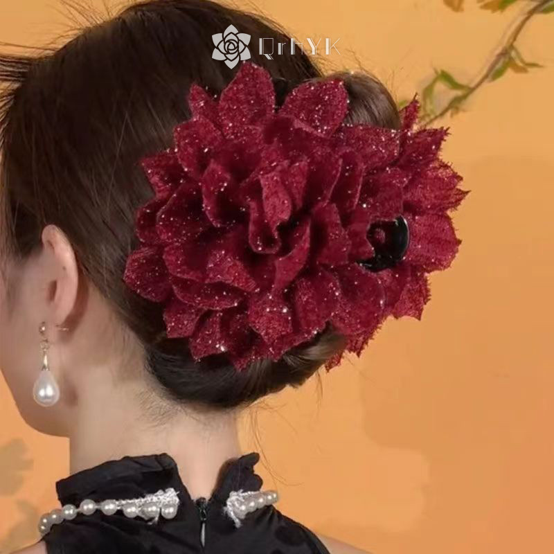 Qrhyk Thời Trang Lưới Đen Hoa Nữ Đuôi Ngựa Kẹp Mũ Đội Đầu Tính Khí Hoa Tóc Móng Vuốt Mũ Phụ Kiện Tóc Mới