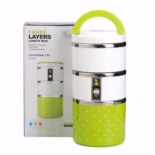Hộp Đựng Cơm 3 Tầng Chấm Bi Giữ Nhiệt 3 Ngăn Tiện Lợi, Camen giu nhiet ngan, Cap long,