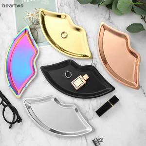 < Beartwo > Khay đựng đồ trang sức hình môi bằng thép không gỉ Mỹ phẩm gia đình Khay kim loại Nữ Khay đựng đồ trang sức Trang trí đẹp