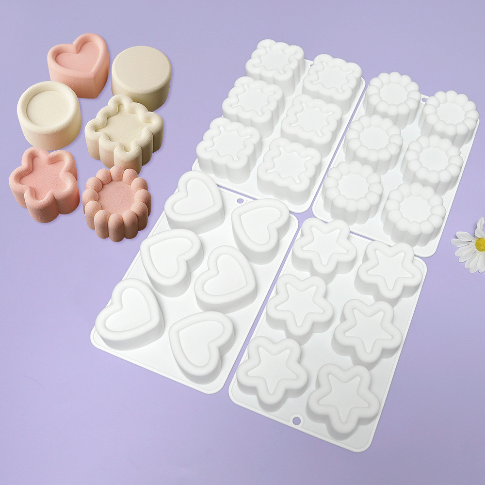 6 Khoang Rãnh Silicon Khuôn Mousse Hình Trái Tim/Ngôi Sao/Hoa, Làm Socola/Thạch/Nến Thơm, Handmade DIY