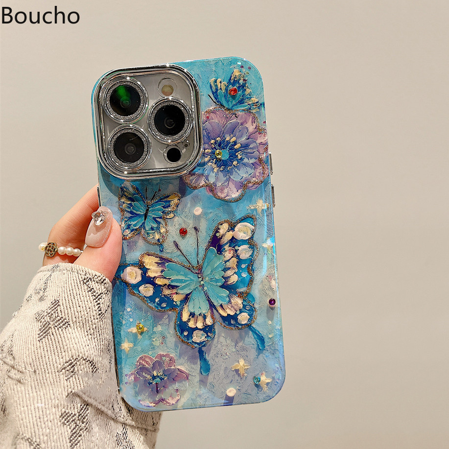Dành Cho iPhone 15 Pro Max 14promax Tranh Sơn Dầu Thời Trang Màu Xanh Bướm Điện Thoại Có Dây Xích Cho iPhone 11 12 13 14 Pro Max Mềm IMD Chống Sốc Với Ống Kính Phim Mặt Sau